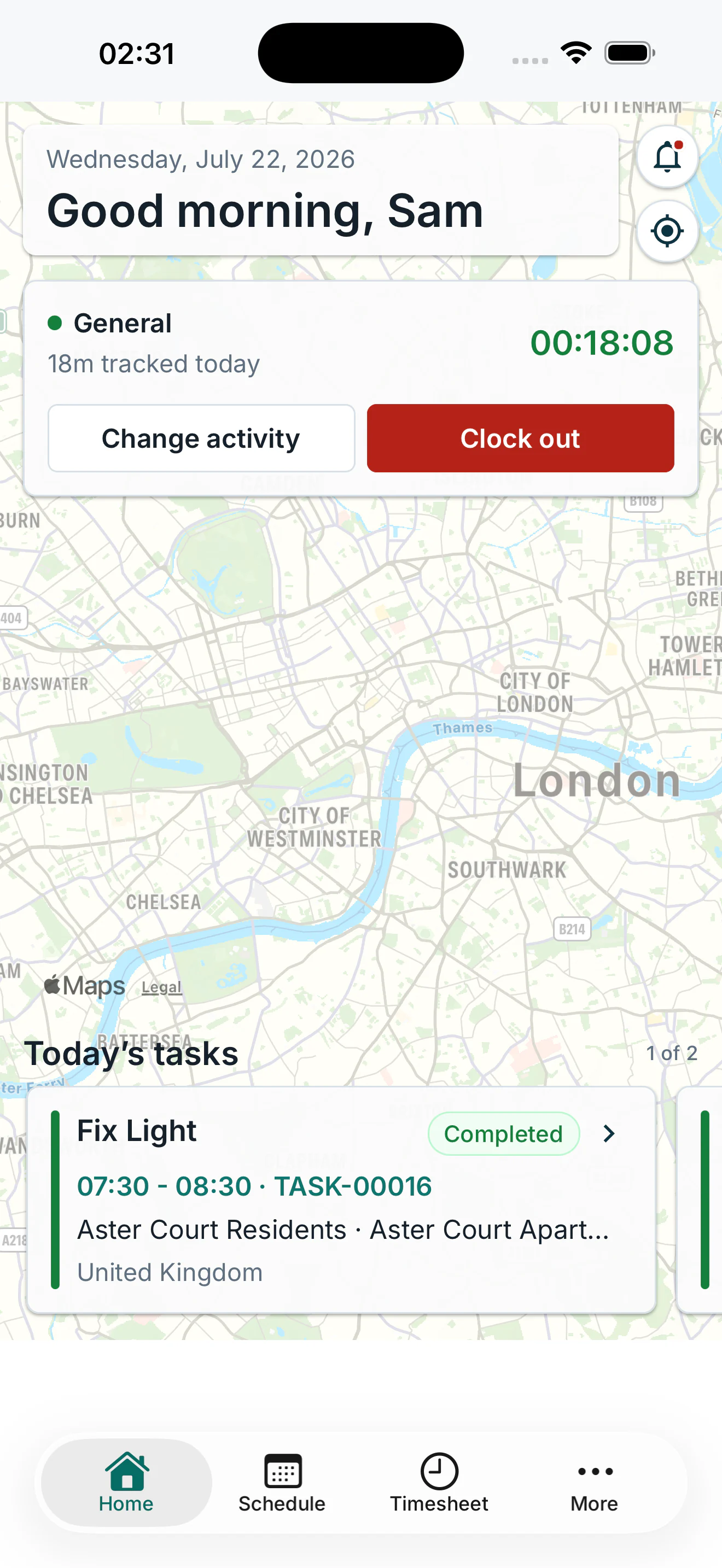 TaskFix Engineer mobile Home screen showing today’s work, active time and an unread notification