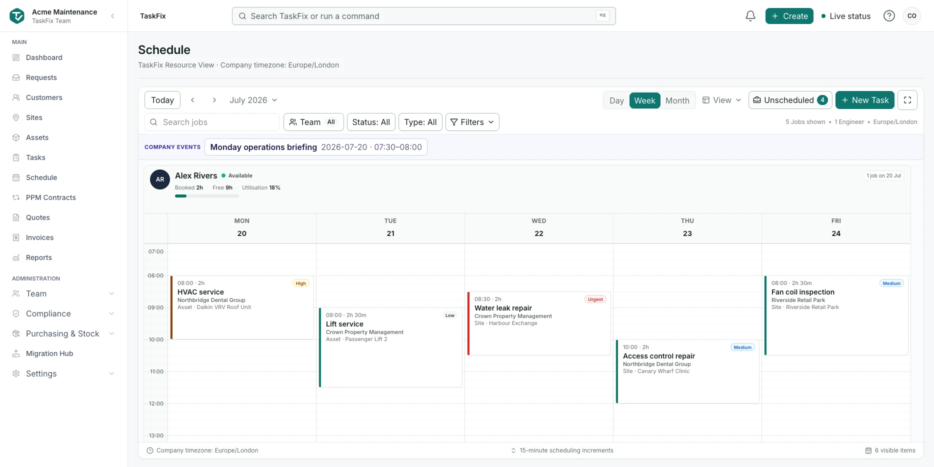 TaskFix Schedule showing assigned engineers and maintenance appointments